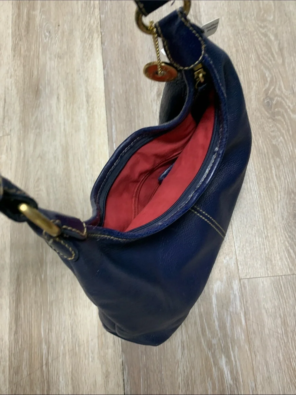 The Sak Navy Leather Shoulder Bag with Red Lining